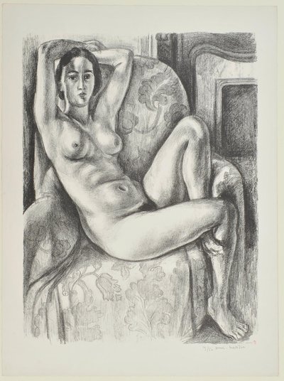 Akt med blå pute ved siden av en peis av Henri Matisse