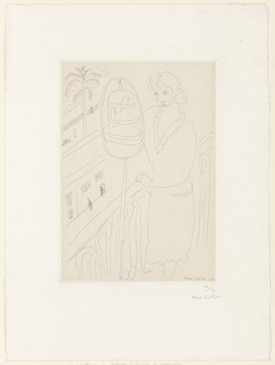 Ung kvinne på en balkong som ser på parakitter av Henri Matisse
