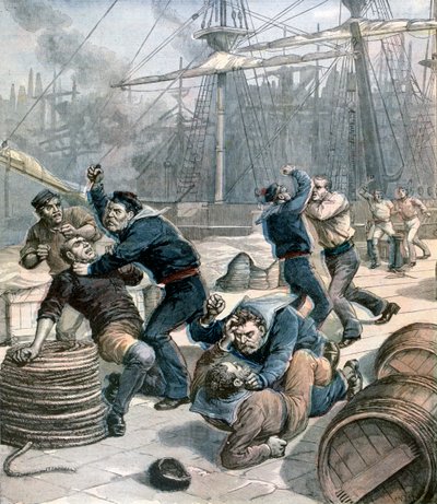 Bråk mellom engelske og tyske sjømenn ved Millwall Docks, London, 1892 av Henri Meyer