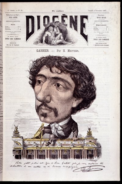 Tegneserie av Charles Garnier, sittende på hans verk, Opera Garnier - i "" Diogenes"" fra 02.11.1867 av Henri Meyer