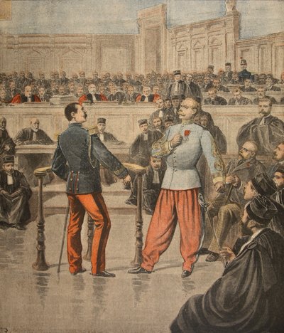 Oberst Henry og oberstløytnant Picquart taler for Court of Assisses, illustrasjon fra 