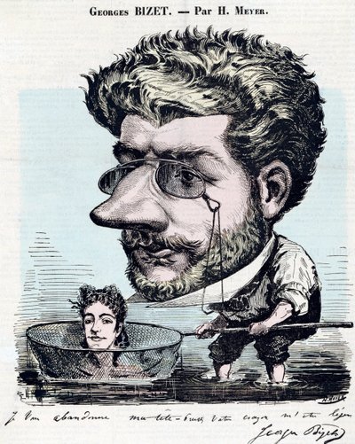 Georges Bizet (1838-1875), French composer - Caricature, with an autograph by Bizet, by Henri Meyer dit Reyem (1844-1899) for “” Diogene”” av Henri Meyer