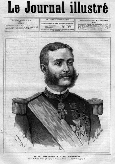 Portrett av Alfonso XII av Spania (Alfons XII) (1857-1885), konge av Spania - Forside til "The Illustrous Diary" fra 1883 - Tegning av Henri Meyer (1844-1899) av Henri Meyer