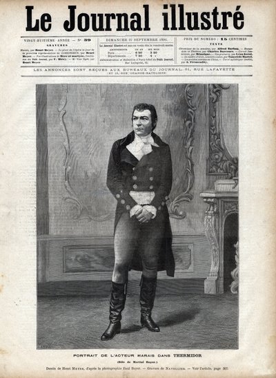 Portrait of Leon Marais (1853-1891) in “Thermidor”” by Victorian Sardou in the role of Martial Hugon - Drawing by Henri Meyer, Engraving by Navellier in “The Illustrous Diary”” of 1891 av Henri Meyer