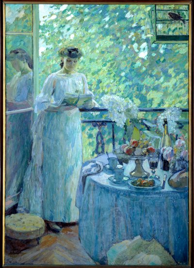 Madame O. på balkongen En ung kvinne leser en bok i et borgerlig interiør, bordet serveres til frokost. Maleri av Henry Ottmann av Henri Ottmann