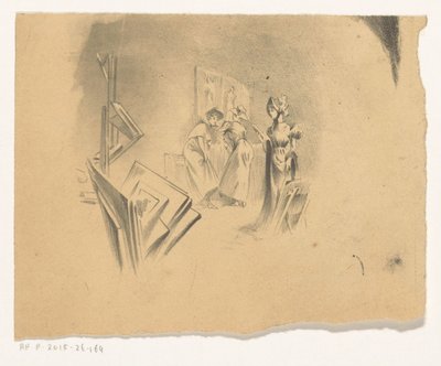 Tre kvinner ser på trykk i et studio av Henri Patrice Dillon (possibly)