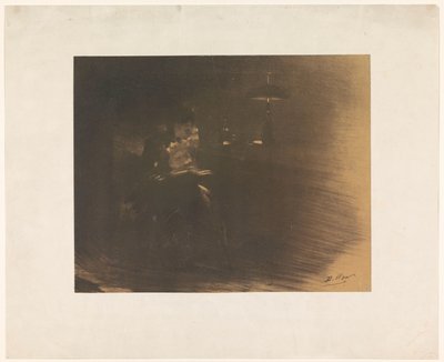 Mørkt rom med en lesende kvinne av Henri Patrice Dillon (signed by artist)