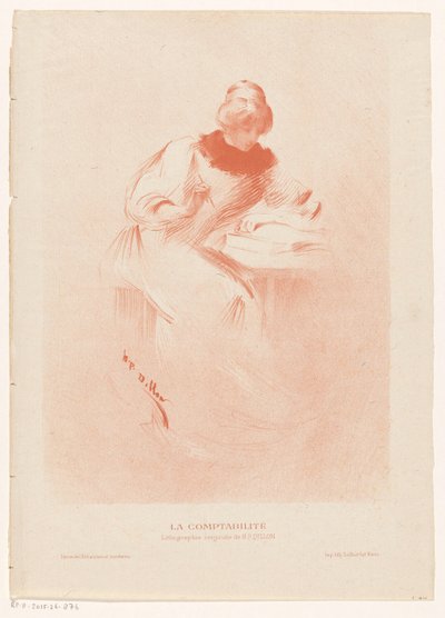 Kvinne bak et bord med en åpen bok, en penn i hånden La comptabilité (tittel på objekt) av Henri Patrice Dillon