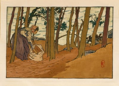 Kvinne som samler furunåler (Bords du Trieux, Loguivy) av Henri Rivière