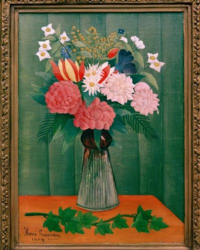 Bukett med blomster ved grenen av eføy av Henri Rousseau