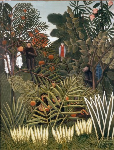 Eksotisk landskap med aper og en papegøye av Henri Rousseau