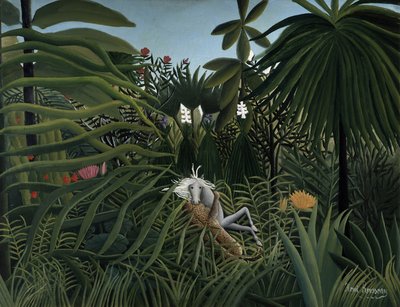 Jaguar angriper en hest, 1910 av Henri Rousseau