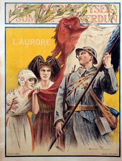 L'Aurore: propagandaplakat under første verdenskrig med to kvinner som representerer Alsace og Lorraine (Alsace-Lorraine) av Henri Royer