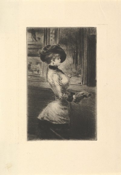 Tre fjerdedels lang kvinne i profil på et bildegalleri. av Henri Somm