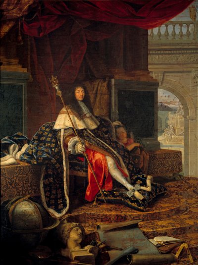 Portrett av Louis XIV (1638 - 1715) konge av Frankrike, beskytter av Royal Academy of Painting and Sculpture, med septeret til Charles V dit de Charlemagne. Maleri av Henri Testelin (1616-1695) av Henri Testelin