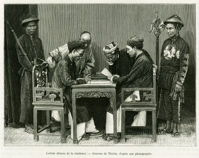 Kinesiske brev fra den franske residensen i Hanoi. Gravering av Thiriat, etter et fotografi, for å illustrere historien Trente mois au Tonkin i 1884, av Doctor Hocquard, i le tour du monde 1889, regissert av Edouard Charton (1807-1890), Hachette, Paris. av Henri Thiriat