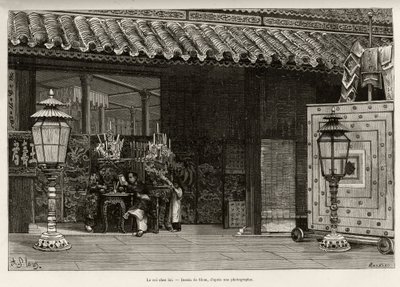 Kong Dong Khanh (1864-1889) Keiser av Annam, hjemme i den keiserlige byen Hue (Vietnam). Gravering av Thiriat, for å illustrere historien "" Trente mois au Tonkin"" av Dr. Charles Edouard Hocquard (1853-1911), i 1885, i Le tour du monde, nouveau journal de av Henri Thiriat