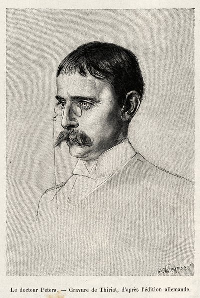 Portrett av Dr. Carl Peters (1856-1918) tysk oppdagelsesreisende. Gravering av Thiriat for å illustrere historien "" Au secours d