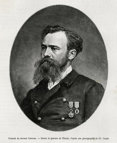 Portrett av Dr. Jules Nicolas Crevaux (1847-1882), lege og oppdagelsesreisende i Sør-Amerika (fra Fransk Guyana til Argentina), han interesserte seg veldig for studiet av moral og historien til befolkningen han møtte under sine reiser, han redisjonerte man av Henri Thiriat