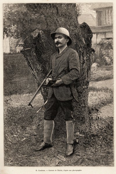 Portrett av Henri Coudreau (1859-1899), professor i geografi og oppdagelsesreisende av Amazonas (Brasil). Gravering av Thiriat for å illustrere historien "" blant våre indianere, fire års reise i Fransk Guyana "" av Henri Thiriat