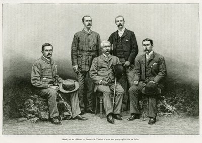 Portrett av Henry Morton Stanley (John Rowlands 1841-1904) omgir hans offiserer fra venstre: Dr. Thomas Heazle Parke (1857-93), Robert H. Nelson, William G. Stairs og Arthur J. M. Jephson. Gravering av Thiriat, for å illustrere historien Dans les tenebr av Henri Thiriat