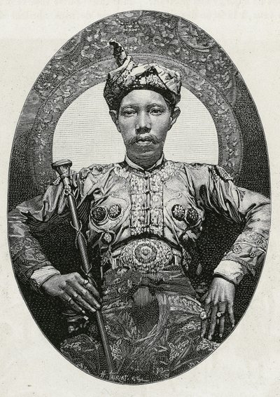 Portrett av Mohammed Yamalul Alam, sultan av Soulou (eller Sulu) (Filippinene), i 1880. Gravering av Thiriat, for å illustrere historien "" Reisen til Filippinene"" av Henri Thiriat