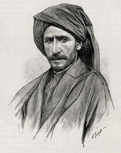 Portrett av Sheik Moses, den mektigste stammelederen på Arabistan (eller den arabiske halvøya). Gravering av Thiriat, for å illustrere historien "" Persia, Chaldee og Susiane"" av Henri Thiriat