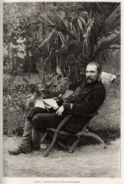 Portrett av forfatteren Dr. Charles Edouard Hocquard (1853-1911), medisinsk hovedfag av 1. klasse. Gravering av Thiriat, for å illustrere historien "" Trente mois au Tonkin"" av Dr. Charles Edouard Hocquard (1853-1911), i 1885, i Le tour du monde, nouveau  av Henri Thiriat