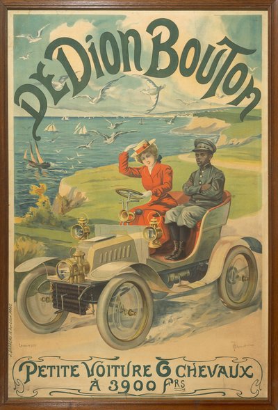 Reklame for De Dion Bouton-biler som viser La Belle Otero ved rattet og Michel Zelete, betjent av markisen av Dijon ved siden av henne av Henri Thiriet