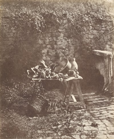 Stilleben- Kjele, mugge og grønnsaker på et bukkbord av Henri Victor Regnault