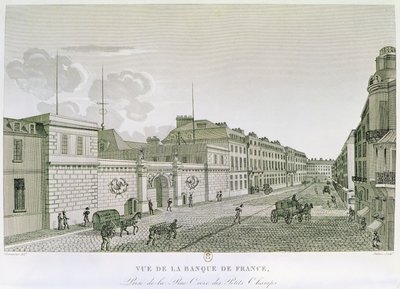 Bank of France fra Rue Croix-Petits-Champs, gravert av Eugene Dubois, 1800 av Henri after Courvoisier Voisin