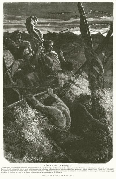 Julius Caesar, forkledd som en slave, avslører identiteten sin til mannskapet på en båt fanget i en storm mens han krysset Adriaterhavet, 48 f.Kr. (gravering) av Henri de (after) Montaut