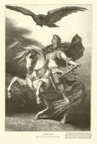 Julius Caesar på hesteryggen med en keiserørn over seg (gravering) av Henri de (after) Montaut