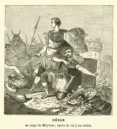Julius Caesar reddet livet til en soldat ved beleiringen av Mytilene, Lesbos, Hellas, 81 f.Kr. (gravering) av Henri de (after) Montaut