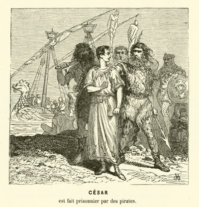 Julius Caesar tatt til fange av kilikiske pirater mens han krysset Egeerhavet, c75 f.Kr. (gravering) av Henri de (after) Montaut