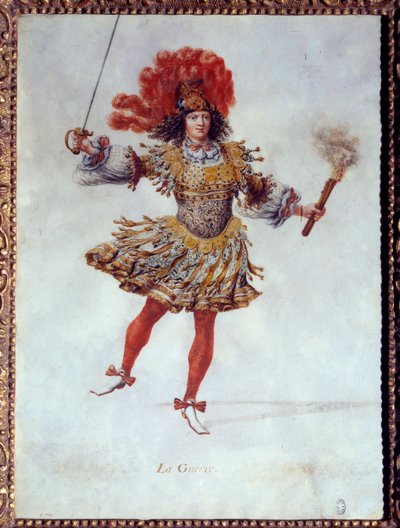 Kostyme for krigen, holder med den ene hånden en fakkel og på den andre et sverd i balletten "" Les noces de Pelee et Thetis"" (Le Nozze di Peleo et di Teti) av Carlo Caprioli (eller Caproli) del Violino, spiller den 26.01.1654 på Peer Bourbon. Krigens rol av Henri de Gissey