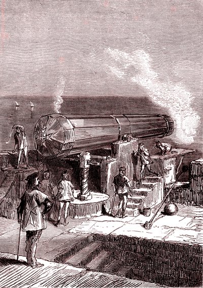 Den gigantiske kanonen på øya Malta, kunstverk, "Fra jorden til månen" av Jules Verne av Henri de Montaut