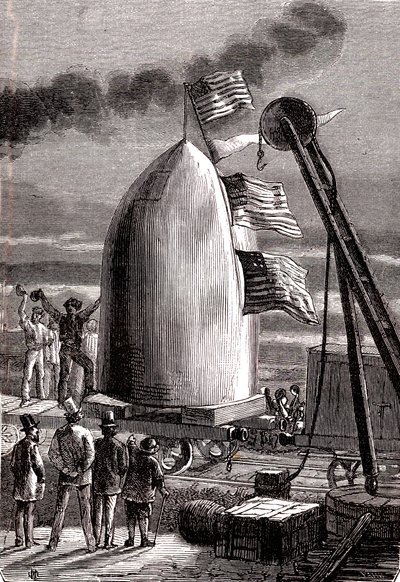 Det gigantiske pistolprosjektilet ankom Stone's Hill for å bli avfyrt til månen, "From the Earth to the Moon" av Jules Verne av Henri de Montaut