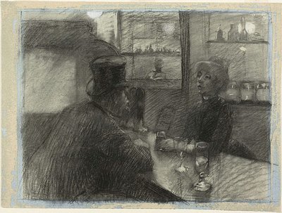 Bar på kaféen i rue de Rome, ca. 1886 (kull og hvitt kritt på blått vevd papir) av Henri de Toulouse Lautrec