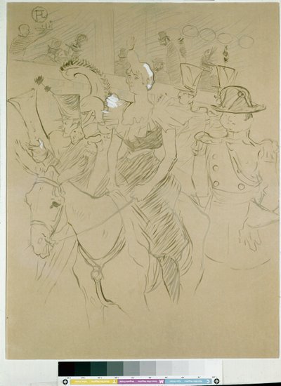 Karneval ved Moulin Rouge: inngangen til Cha-u-kao, ca. 1896 (kina-blekk med pensel, blyanter og hvitt på papir) av Henri de Toulouse Lautrec