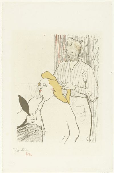 Frisør gre håret til sittende kvinne med speil i hånden Le coiffeur Program du Théâtre Libre av Henri de Toulouse Lautrec (signed by artist)