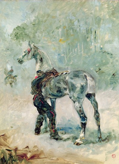 Artillerist som saler hesten sin, 1879 av Henri de Toulouse Lautrec