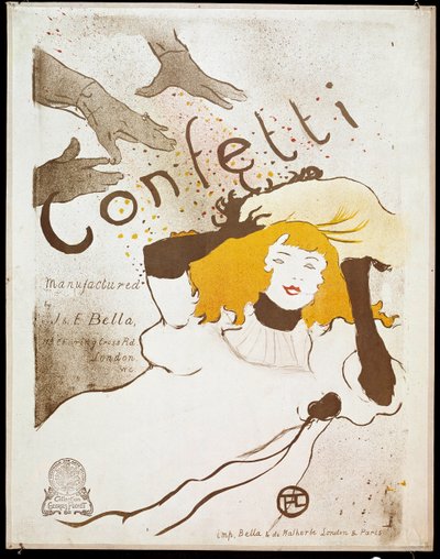 Konfetti: hender kaster konfetti-håndledd på en kvinne med gult hår. Plakat av Henri de Toulouse-Lautrec (1864-1901). Dim. 0,54 x 0,39. 1893. Albi, Musee Toulouse Lautrec av Henri de Toulouse Lautrec