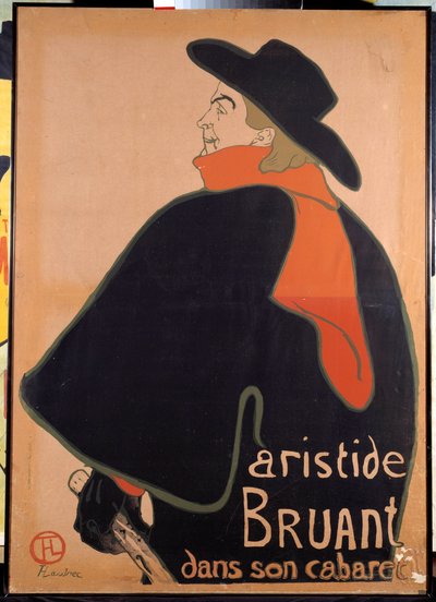 Plakat, das Aristide Bruant in seinem Kabarett darstellt. Lithographie von Henri de Toulouse-Lautrec. 1893. von Henri de Toulouse Lautrec
