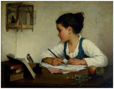 En jente som skriver; Pet Goldfinch av Henriette Browne