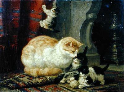 Kattunger på lek (olje på panel) av Henriette Gertruide Knip