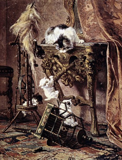 En katt ser på kattungene hennes leke - av Henriette Ronner av Henriëtte Ronner Knip