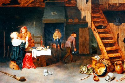 Et bondeinteriør med figurer som surrer ved et bord (olje på panel) av Henrik Potuijl