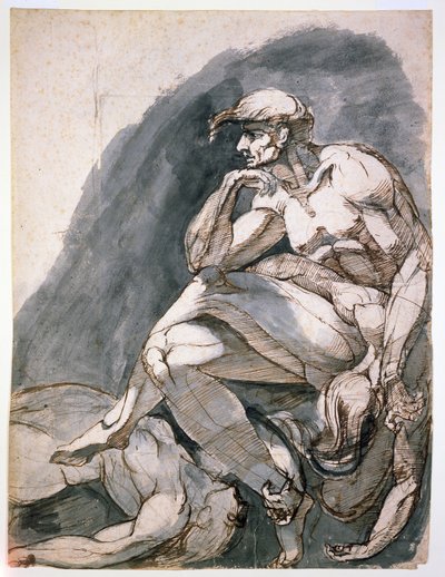 Mann med to døde kvinner, ca. 1772 (penn og brunt blekk med grå vask på papir) av Henry (1741-1825) Fuseli