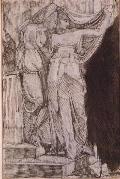 To kvinnelige skikkelser som står på trapper, Roma, mai 1787 av Johann Heinrich Füssli